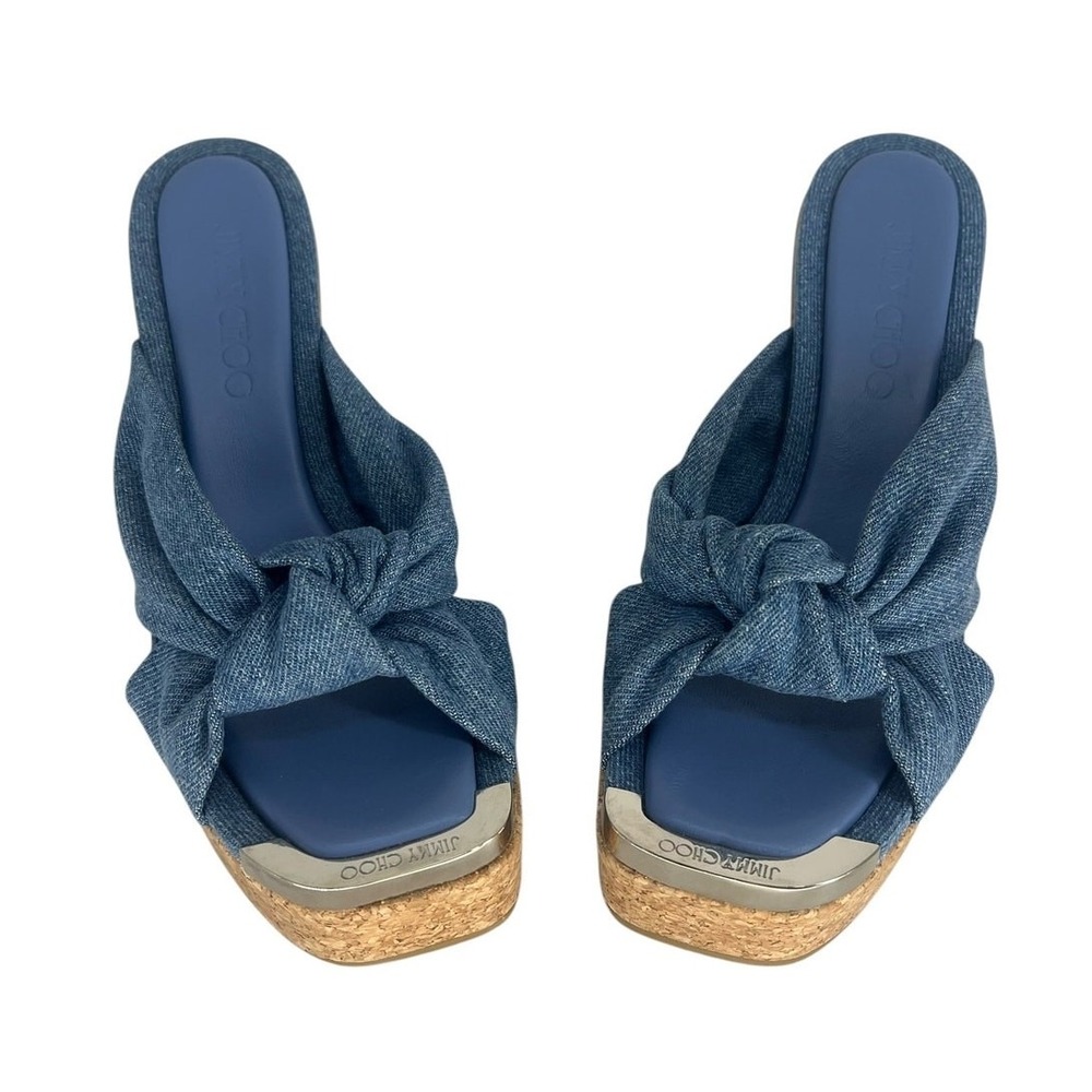 Jimmy Choo Avenue 110 Denim Wedge Sandals Knotted Upper 37 - Picture 10 of 16